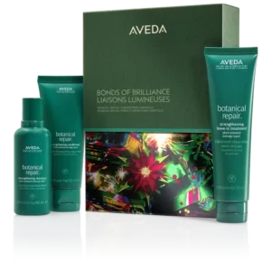 Aveda Bonds of Brilliance gift set with three green bottles of Botanical Repair hair products and a decorative box.