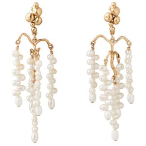 Gold-tone drop earrings featuring clusters of irregular white pearls hanging from a branched structure.