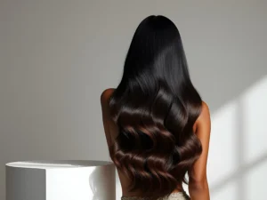 Back view of a person with long, dark, wavy hair.